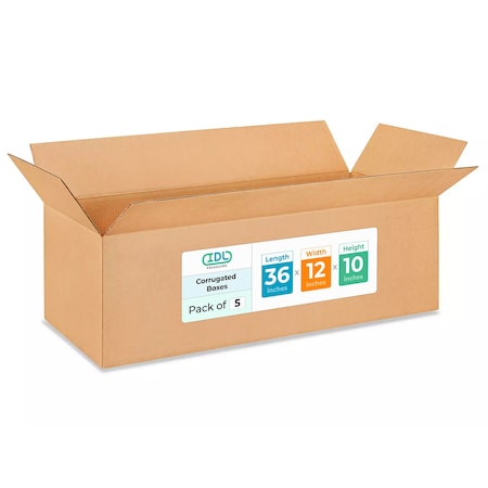 Idl Packaging 36 in x 12 in x 10 in Shipping Box, Kraft, Corrugate, Single Wall, 200#, 5 PK B-361210-5
